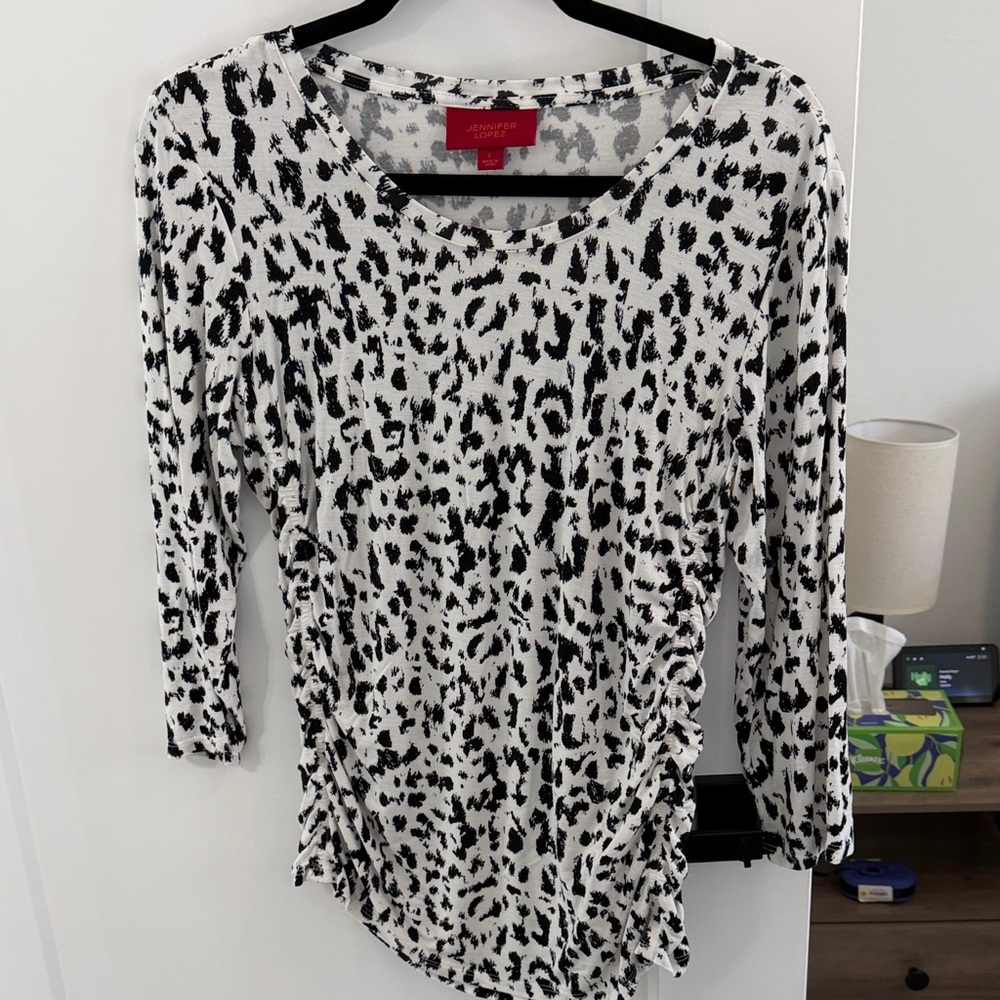 Jennifer Lopez Black and White Animal Print Long Sleeve Top